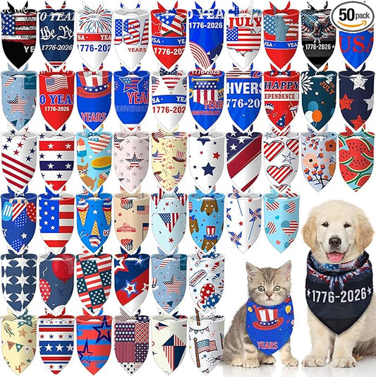 Huhumy 50 Pcs 4th of July Dog Bandanas 250th Anniversary Pet Bandanas Bulk Independence Day Triangle Pet Bibs Scarf for Medium Large Dog 4th of July 250th Festival Costume