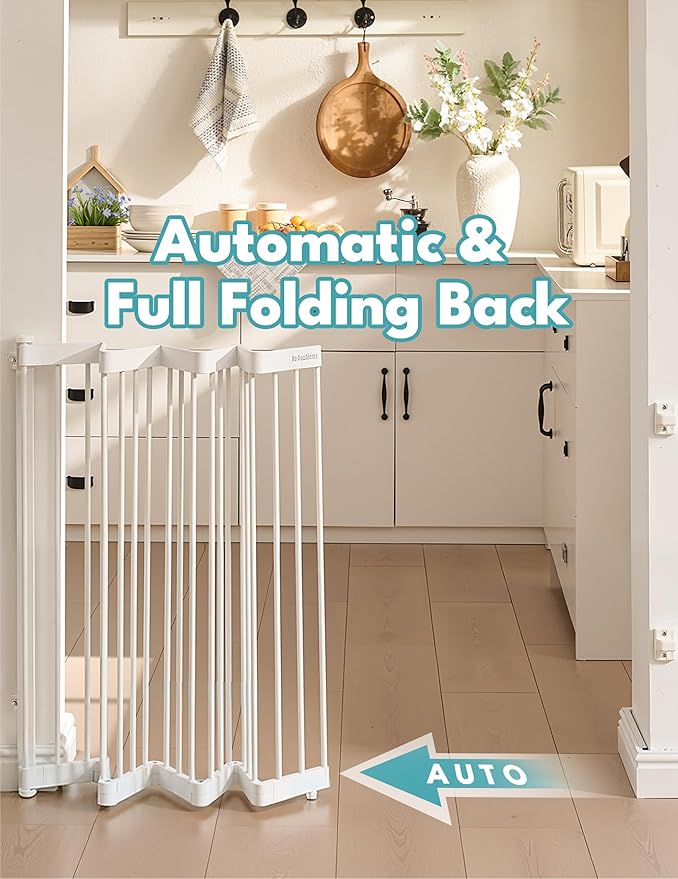 No Pawblems Retractable Safty Gate, Metal Adjustable Dog Gate for Doorways, Stairs & Hallways, Expands to 38" Wide, Auto Retract Design, No Bottom Bar, White