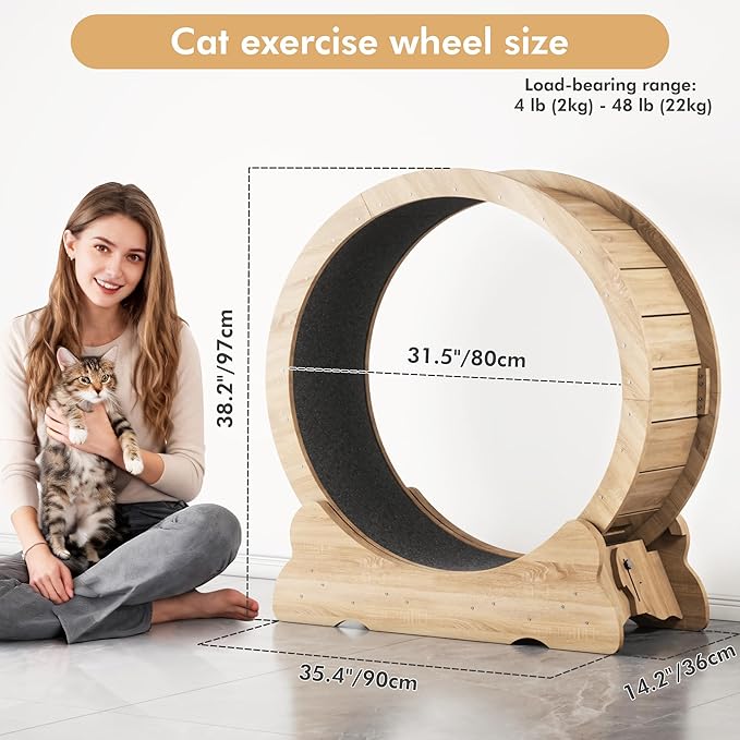 Cat Exercise Wheel, Cat Running Wheel with Smooth and Quiet Roller, Detachable Carpet and Toy Teaser for Fun Fitness Training Treadmill,Natural Wood