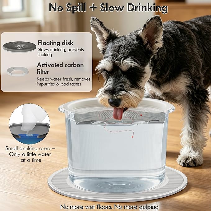 No Spill Ceramic Dog Water Bowl, Large Capacity Slow Drinking Bowl with Floating Disk & Filter, Heavy Duty Anti-Slip Bowl for Small to Medium Dogs, Cats & Multi-Pet Homes Indoor