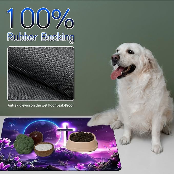 Dog Food Mat, 15.7" x 23.6" Absorbent Pet Feeding Mat for Food and Water, Waterproof Diatom Mud Pet Placemat with Non-Slip Rubber Backing, Cat Bowl Mat for Floors - Purple Sky Flower