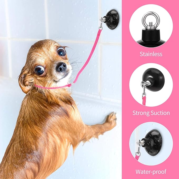 Frienda 4 Pcs Dog Bathing Tether with Suction Cup Cat Restraint for Bathing Dog Grooming Tub Restraint Loops Adjustable Cat Fixed Safety Rope for Pet Shower Grooming Helper(Blue Black Pink)