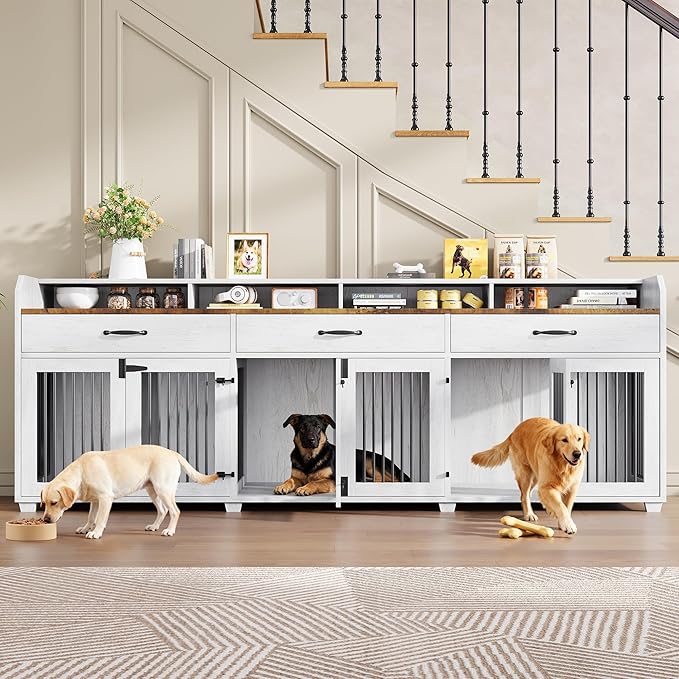 AMERLIFE 95" Large Dog Crate Furniture, Multi-Functional TV Stand with Storage Drawers & Removable Divider for Medium/Large Dogs, White Barnwood
