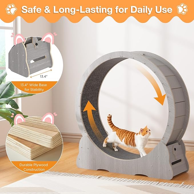 Cat Wheel for Indoor Cats, Quiet Large Cat Treadmill with Detachable Carpeted Runway, 46” Exercise Running Wheel for Pet’s Health and Entertainment, (XL, Gray)