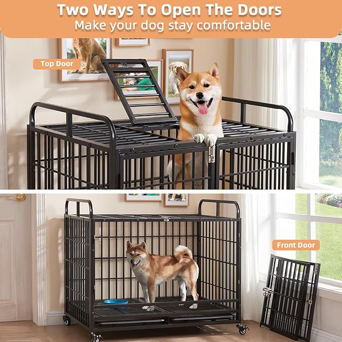 Lauren&Harold Heavy Duty Dog Crate for Medium/Small Dogs, Metal Dog Kennel Indoor with Top Door&Feed Door, Easy-to-Clean Dog Cage with Removable Tray&Wheels (38" L x25.5 W x 31" H(Small))