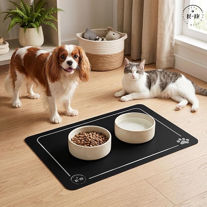 BE-KH Absorbent Pet Feeding Mat for Dogs & Cats, Quick Dry Dog Bowl Mat for Food and Water, Ultra-Thin, Non-Slip Rubber & Polyester, Waterproof & Machine Washable, Sandy Nest, 24x16 in (60x40 cm)