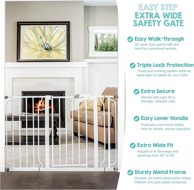 Regalo Safety 29-49" Easy Step Extra Wide Baby Gate for Doorways & Bottom of Stairs, Pressure Mounted Safety Gate with Door for Babies, Toddlers & Pets, White