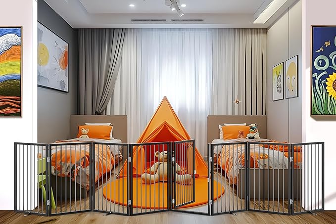 Vantas Folding No-Assembly Metal Pet Gate 160" Wide, 32" Extra Tall Dog Gate with Door Walk Through, Freestanding Accordion Puppy Gate Dog Door for Indoor & Outdoor, with 4PCS Support - Black