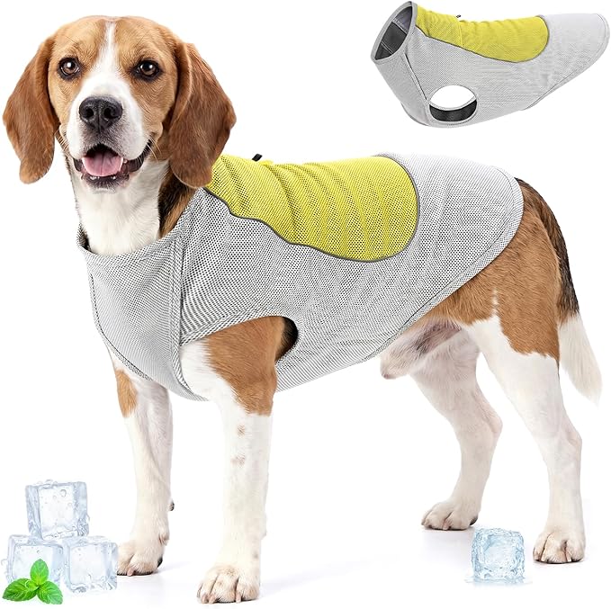 SlowTon Dog Cooling Vest - with Ice Pack Pocket, 3-Layer Evaporative Cooling Jacket with Reflective Stripes, Lightweight Breathable Summer Pet Clothes for Small, Medium and Large Dogs (Yellow, 2XL)