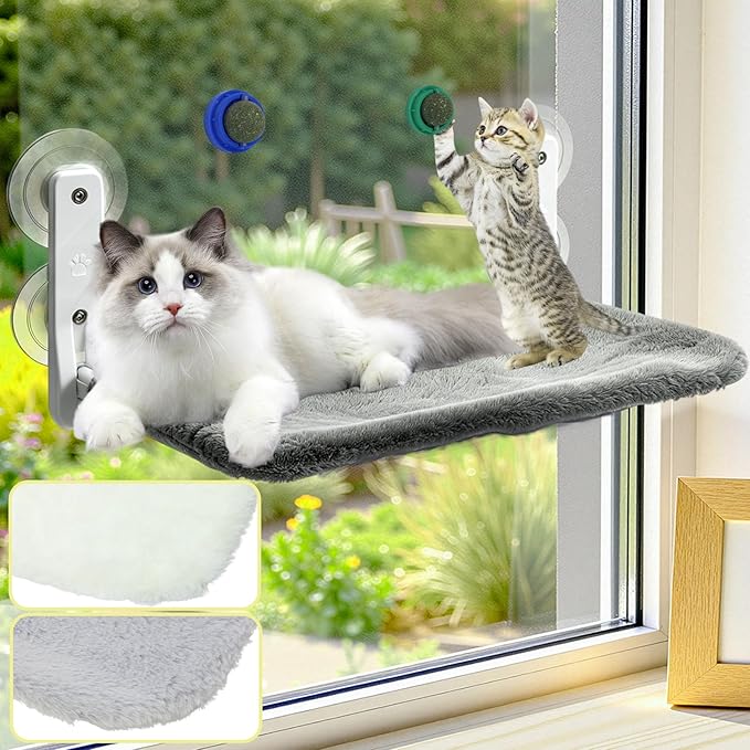 Cat Window Perch Hammock - Foldable Cordless with 4 Suction Cups for Indoor Cats, Space Saving Design,Reversible Cover with Two Different Kinds of Fabrics,40Lbs Load Capacity (60CM)