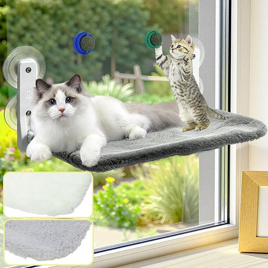 Cat Window Perch Hammock - Foldable Cordless with 4 Suction Cups for Indoor Cats, Space Saving Design,Reversible Cover with Two Different Kinds of Fabrics,40Lbs Load Capacity (60CM)