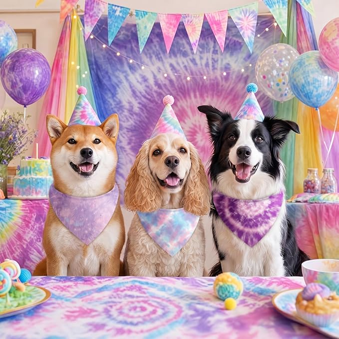 Abbylike 100 Pieces Tie Dye Dog Bandanas Bulk Colorful Hippie Pattern Dog Bandanas for Dogs Triangle Kerchief Scarf Bibs Set for Pets Summer Party Costume Accessories, 25 Styles (25.6 x 17.7 x 17.7)