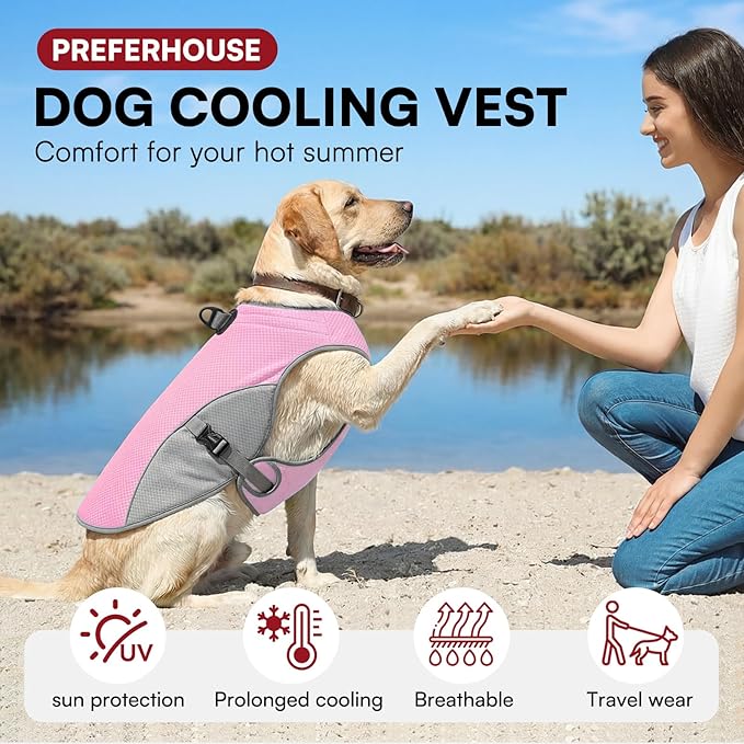 Dog Cooler Vest for Extra Large Dogs, Dog Mesh Cooling Jacket with Reflective Stripe and D Ring, Pet Cooling Vest for Beach, Hiking, Walking, Pink-2XL