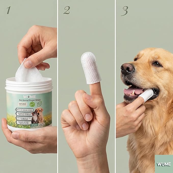 WUME Coconut Vanilla Fresh Pet Dental Finger Wipes for Dogs & Cats, Pet Breath Freshener & Toothbrush Alternative, Natural Coconut & Vanilla, 50 Count