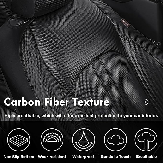Coverado Leather Car Seat Covers Full Set & Carbon Fiber, Waterproof and Durable All Weather Protector, Universal Fit for SUV, Pickup Truck, Sedan, Automotive Vehicle Interior, Black