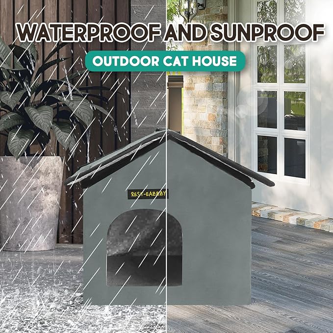 Rest-Eazzzy Cat House for Outdoor Cats, Weatherproof and Insulated Feral Cat House with Mat and Clip, Easy to Put Together, Selfwarming Cat Shelter for Summer, Never Blow Away (Grey, House X 2)