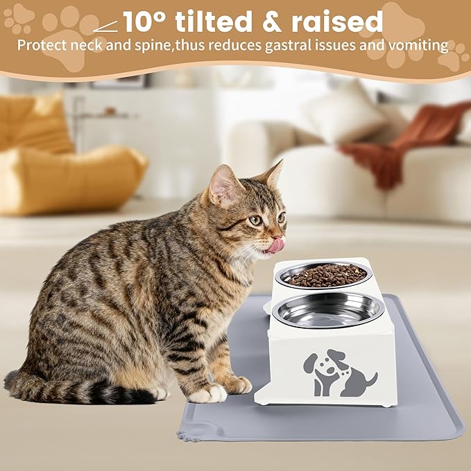 Elevated Cat Bowls with Food Mat,10° Tilted Anti-Vomiting Raised Cat Food Bowl for Small Cats and Puppies, Foldable 2 Stainless Steel Pet Bowl with Stand-Milky White