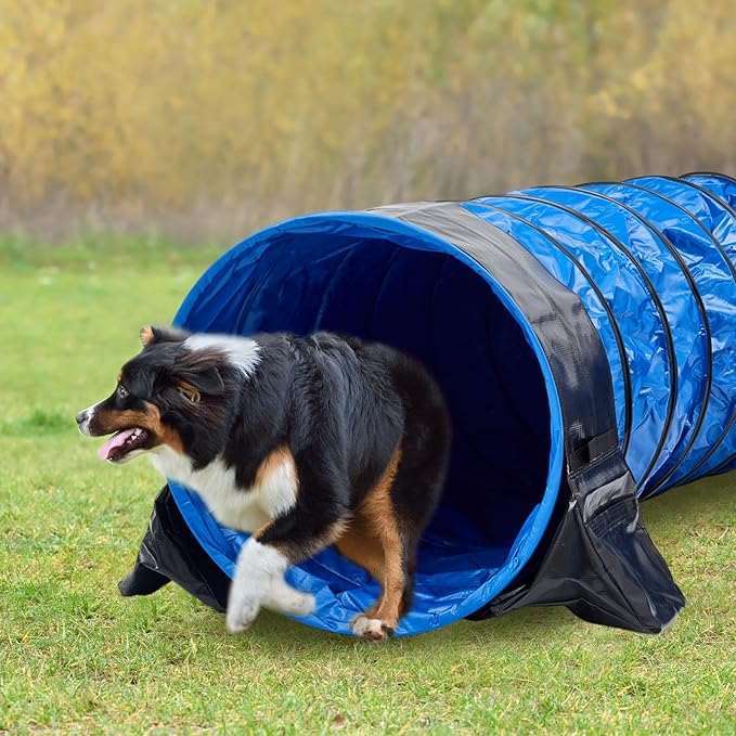 Briwooody 28 in 10 Foot PVC Dog Agility Tunnel with Sandbags Dogs Agility Training Equipment Tunnel with 2 Pack Sandbags, Carry Bag and 4 Ground Spikes for All Medium Large Dogs(Blue)