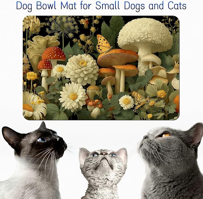Dog Food Mat, 15.7" x 23.6" Absorbent Pet Feeding Mat for Food and Water, Waterproof Diatom Mud Pet Placemat with Non-Slip Rubber Backing, Easy Clean Cat Bowl Mat for Floors - Mushroom Daisy