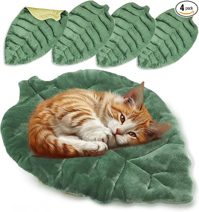 Novabright 4 Pcs Leaf Shaped Green Self Warming Cat Bed Mat 28''x 16'' Double Sided Velvet Washable Self Heating Pet Mat for Cats and Small Medium Dogs Indoor Bed Couch Sofa Floors