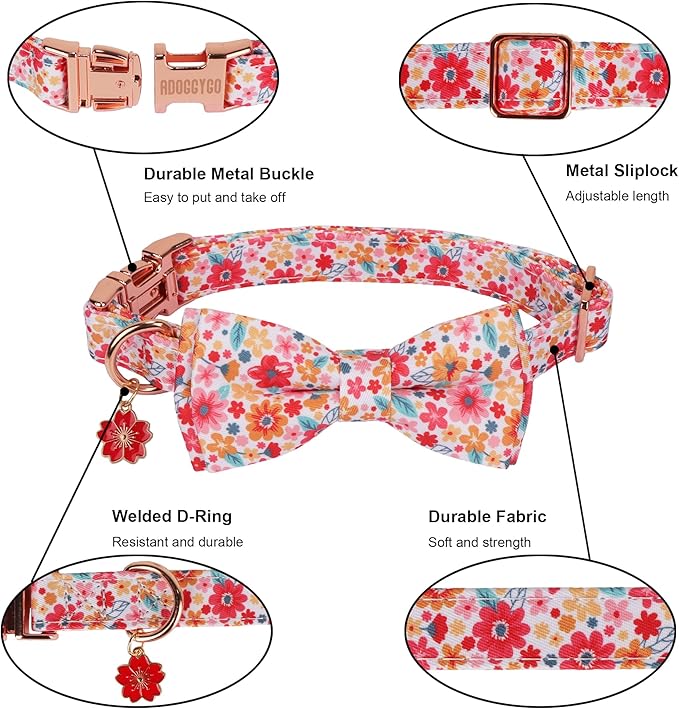 ADOGGYGO Floral Dog Collar with Bow, Metal Buckle, Adjustable Red Pink Pet Flower Collar for Medium Dogs (Medium)