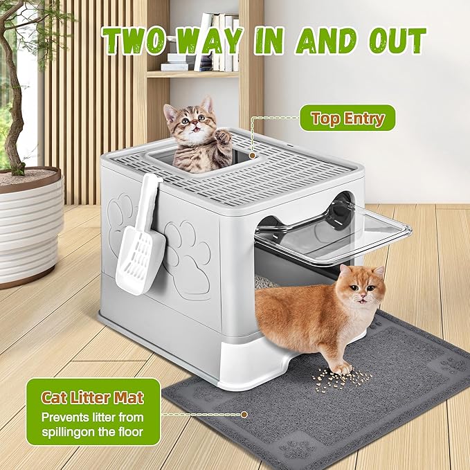 Covered Cat Litter Box with Litter Mat, Foldable Extra Large Dual Entry Adjustable Door, Drawer Design Enclosed Kitty Litter Box, Odor Control Anti-Splashing Easy Cleaning (Pale Grey)
