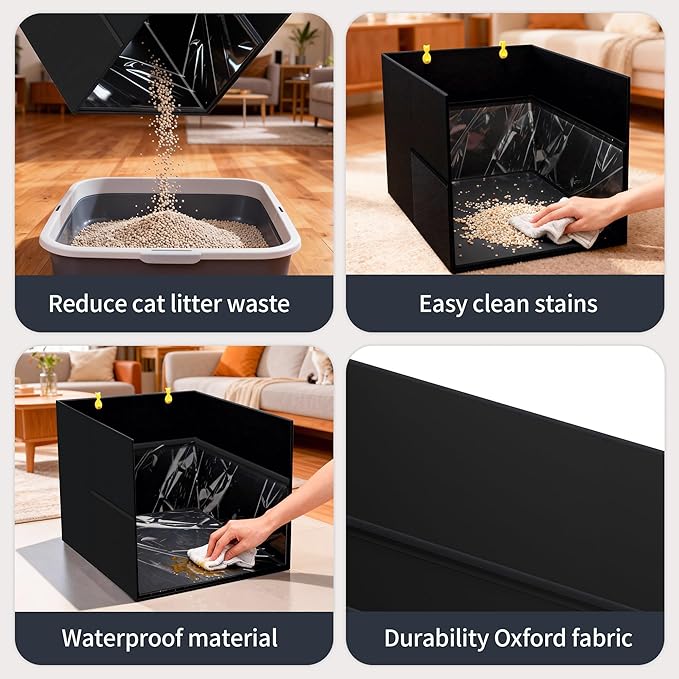 Aokeyee Black Waterproof Cat Litter Box Enclosure Splash Guard with Removable PVC Mat, Foldable Pet Litter Box Shield with 2 Hooks