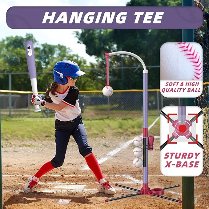 Wee Wonders 3-in-1 T Ball Set - Adjustable Height, Hanging Tee Ball Set with Automatic Pitching Machine/6 Balls/Retractable Bat, TBall Stand Suit for Outdoor, Sport Toys Gifts for Kids Girls Age 3+