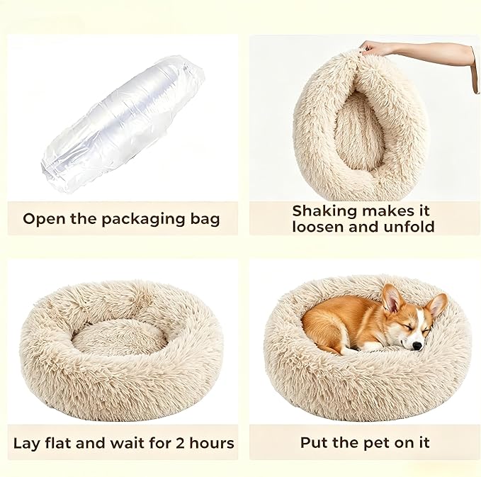 Calming Donut Dog and Cat Bed for Indoor Cats, Anti-Anxiety Round Fluffy Soft Washable Small Pet Bed for Puppy and Kitten, Warming Comfortable Luxury Anti-Slip Waterproof Mute Base 20in Light Brown