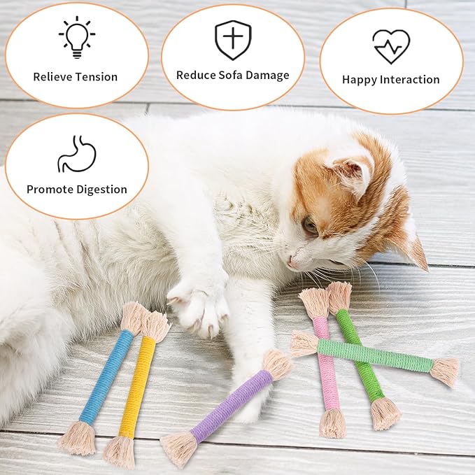 Retro Shaw 6Pcs Cat Chew Ropes with Refillable Natural Catnip,Safe Teeth Cleaning Toy for Indoor Kittens and Cats, Quiet Interactive Kicker String Toys