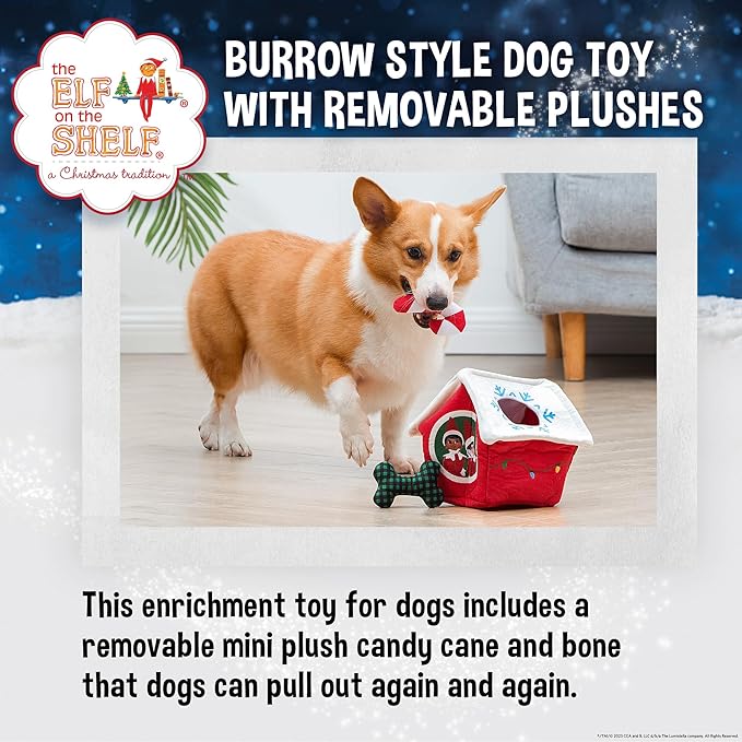 The Elf on the Shelf Doghouse Plush Burrow Toy for Pets | 7 Inch Plush Dog House with 2 Removable Plush Toys for Dogs, Bone & Candy Cane with Crinkle Texture
