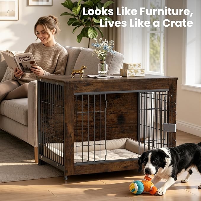 Wooden Dog Crate Furniture, 38in Dog Cage Furniture with Slide Safety Latch, Indoor Decorative End Table for High Anxiety Dogs, Furniture Style Dog Crate for Medium to Large Dogs, Aged Black