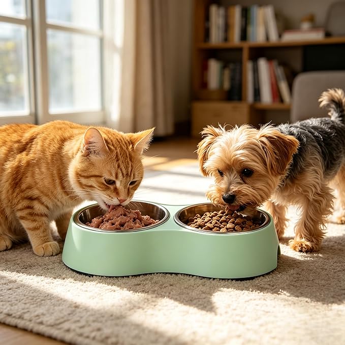Double Pet Bowl Set for Small Dogs & Cats, Green Non-Slip Stainless Steel Food Water Bowls, BPA-Free Mess-Free Feeding Station for Kittens, Puppies and Tiny Pets
