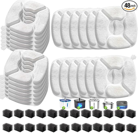 48 Pcs Cat Water Fountain Replacement Filters-24 Pack Cat Fountain Filters with 24 Pack Sponges, Enhanced Compatibility Pet Fountain Filter Fit for 95oz/2.8L 135oz/4L 67oz/2L Pet Drinking Fountain