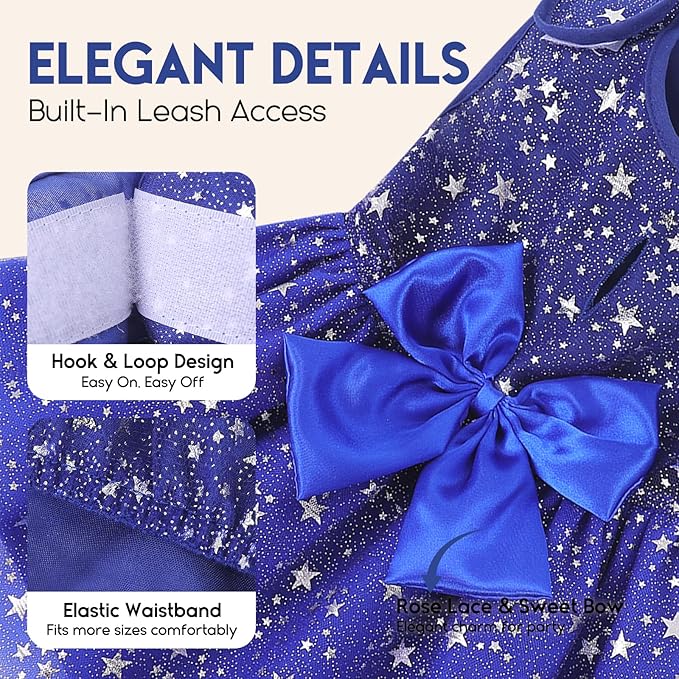 ASENKU Dog Dress Pet Wedding Dress Princess 4th of July Lace Puppy Birthday Party Outfit Formal Apparel Girl for Small Medium Dogs Cats (Medium, Navy Star)