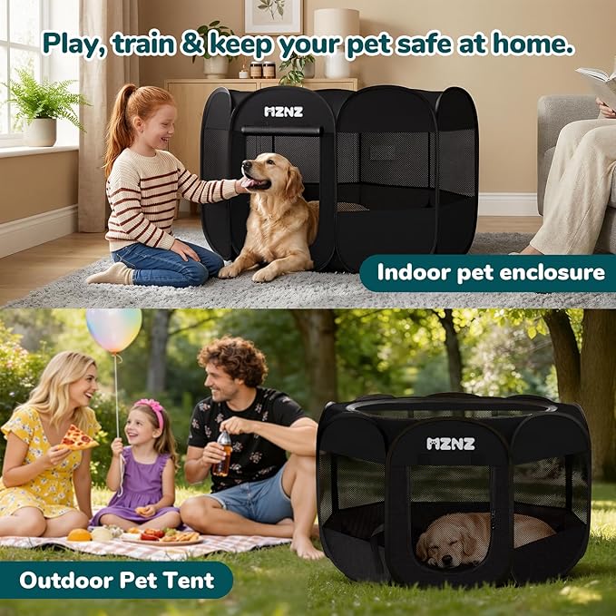 Dog Playpen, Portable Puppy Pet Crate Indoors for Small/Medium/Large Dogs Cats Rabbits, Foldable Dog Cage Enclosure for Outdoor, Pop Up Dogs Tent Kennel with Carrying Case, Whole Black