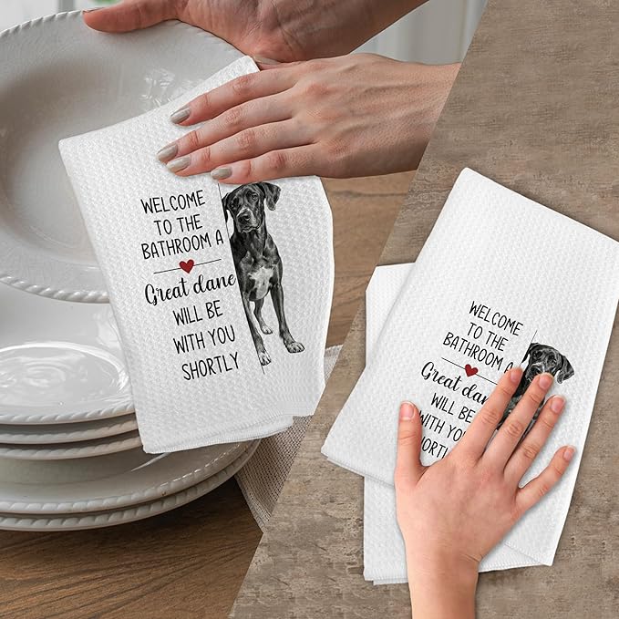 Funny Great Dane Dogs Hand Towels for Bathroom, A Great Dane Will Be with You Shortly Hand Towels, Funny Dog Themed Dish Tea Towel for Kitchen Bathroom,Dog Lovers Gifts for Women, 16x24 In