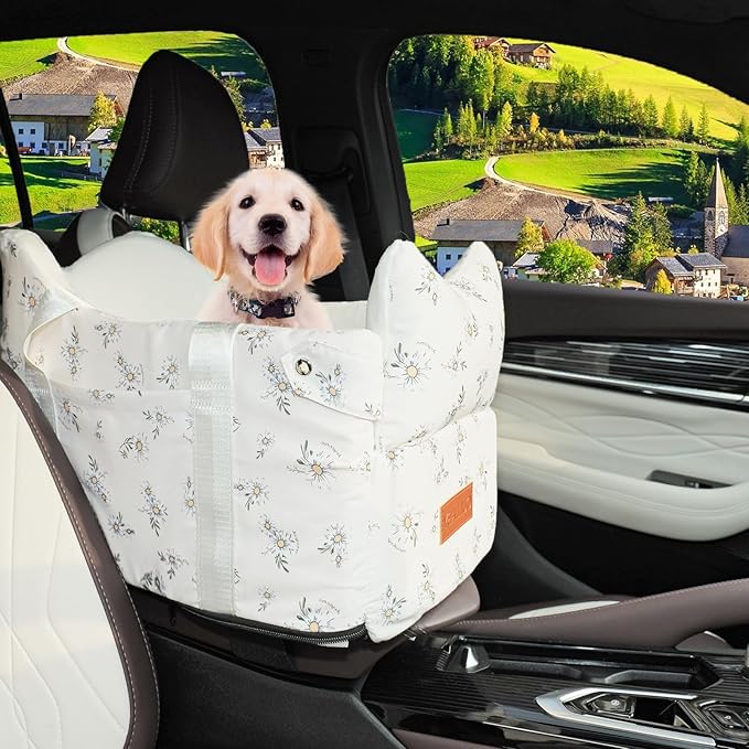 Center Console Dog Car Seat for Small Dogs – Portable Puppy Booster Armrest Carseat, Anti-Collapse Comfort Travel with Washable Fluffy Cushion & Pillow, Fits Dogs up to 15 lbs (Off White)