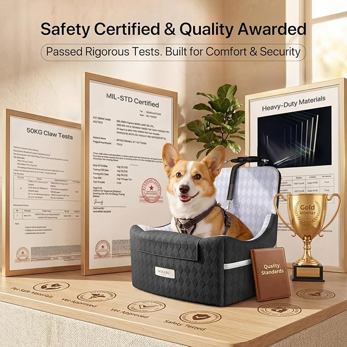 Doglike Dog Car Seat for Small Dogs Up to 35 lbs [2026 Ultimate Comfort & Safety], 5" Memory Foam Pet Booster Seats with Detachable Washable Cover, Dog Bed for Car with Puppy Travel Safety Belts, Grey