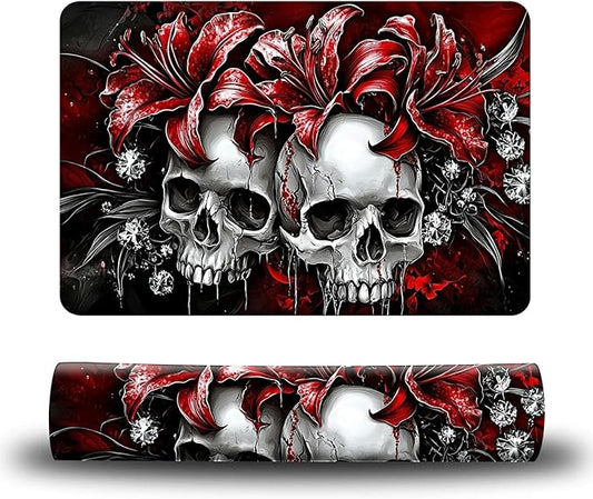 Dog Food Mat, 19.6" x 23.6" Absorbent Pet Feeding Mat for Food and Water, Waterproof Diatom Mud Pet Placemat with Non-Slip Rubber Backing, Easy Clean Cat Bowl Mat for Floors - Red Lily Skull