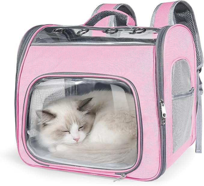 Cat Soft-Sided Carrier Backpack, Breathable Mesh Foldable Pet Travel Carrier with Reinforced Support, Portable Puppy Carrying for Kitty Up to 15lbs (Pink)