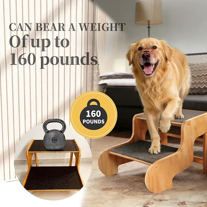 Dog Steps for Bed,Extra Wide Dog Stairs for Large Dogs,3-Step Bamboo Pet Ramp Assist Large Senior/Older Dogs or Pet(Up to 160 Pounds) Get to Couch Or High Bed (H:24 inch)