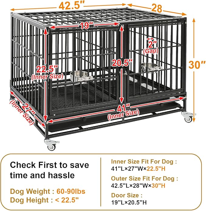 Homey Pet 43 Inch Dog Crate, Heavy Duty Stackable Dog Crate Cage Kennel for Medium Dogs with Divider, Bowls, 3 Door, Removable Grid & Tray, 4 Lockable Wheels, Breeding & Grooming Drop Cages for Dogs