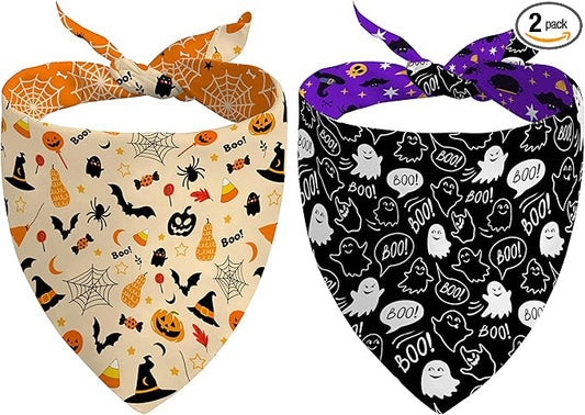 Halloween Dog Bandanas Reversible 2 Pack Small, Orange Black Spider Web Ghost Witch Hat Cute Halloween Pet Bandanas for Dogs Adjustable Triangle Holiday Scarves for Small Medium Boy Girl Dogs