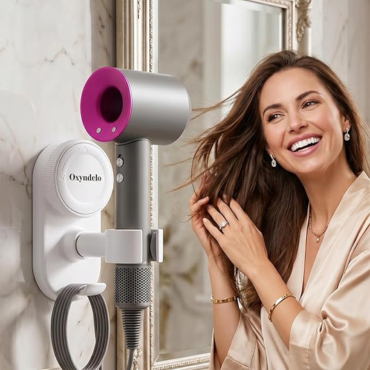 Hair Dryer Holder Wall Mounted Suction Cup Blow Dryer Stand with Cord Organizer Compatible with All Dryer 360°Adjustable No Drill Installation Hair Dryer Stand for Bathroom, Bedroom (White)