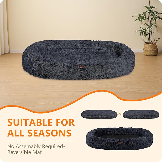 Human Dog Bed Fits Adult & Pets, Reversible Orthopedic Gel Memory Foam Cushion, Washable Long Plush, Plump Edge with Blanket, Storage Pocket, 71"x47.2"x9", Extra Large, Graphite Grey