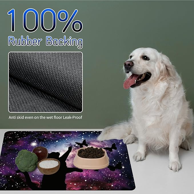 Dog Food Mat, 15.7" x 23.6" Absorbent Pet Feeding Mat for Food and Water, Waterproof Diatom Mud Pet Placemat with Non-Slip Rubber Backing, Easy Clean Cat Bowl Mat for Floors - Black Cat Stars