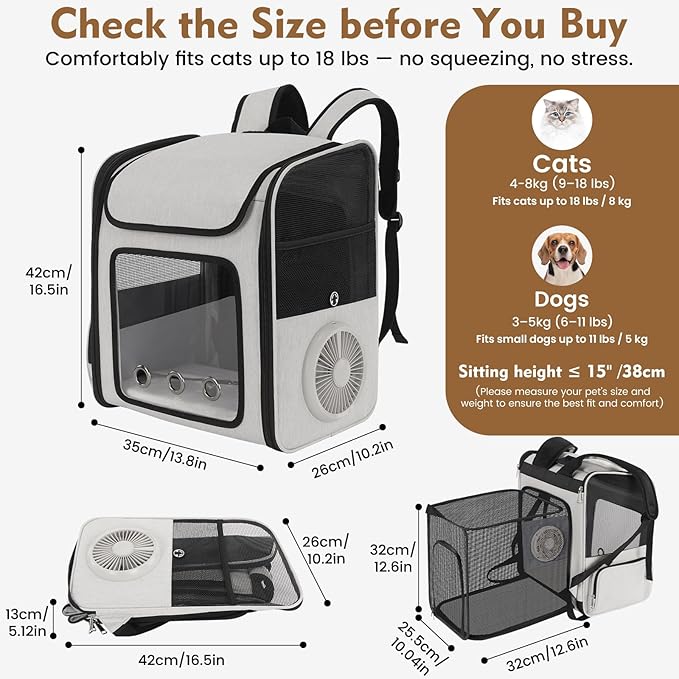 Cat Backpack Carrier with Cooling Fan & Heating Pad, Expandable & Breathable Pet Backpack for Cats & Small Dogs, Travel Carrier for Hiking, Vet Visits, Grey