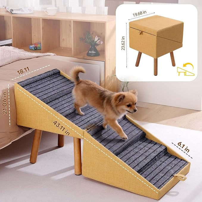 21.06”H Dog Stairs for High Bed, 6-Step Pet Stairs with Split Ottoman Design - Tall Dog Steps Convertible to Bedside Table Nightstand, Large Non-Slip Stairs for Big Medium Dogs to Bed(Yellow)