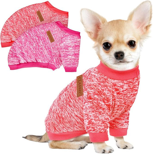 2 Pack Dog Sweaters for Small Dogs Girl Boy Winter Fleece Clothes Warm Soft Dog Sweatshirt Outfit for Dogs Cats Pet Apparel (Red+Rose Red, L (Back: 15.7",Chest: 19.6",14-18Ibs))